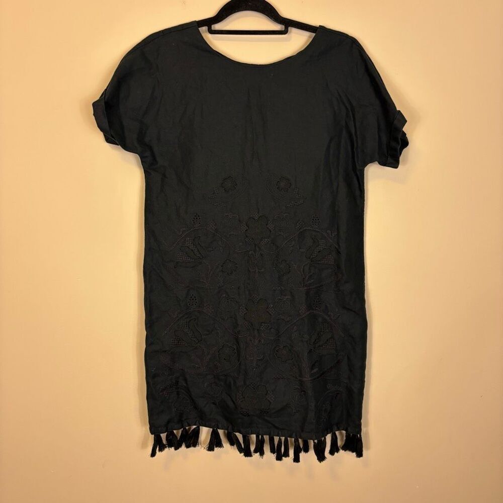 Madewell Black Linen Floral Embroidered Fringe Bottom Short Sleeve‎ Dress Small